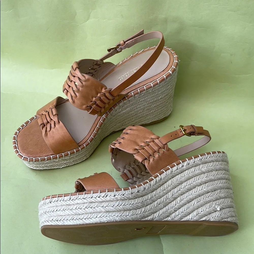 New Caramel Veronica Beard Espadrille Wedge Shoes with Leather Braided Trim